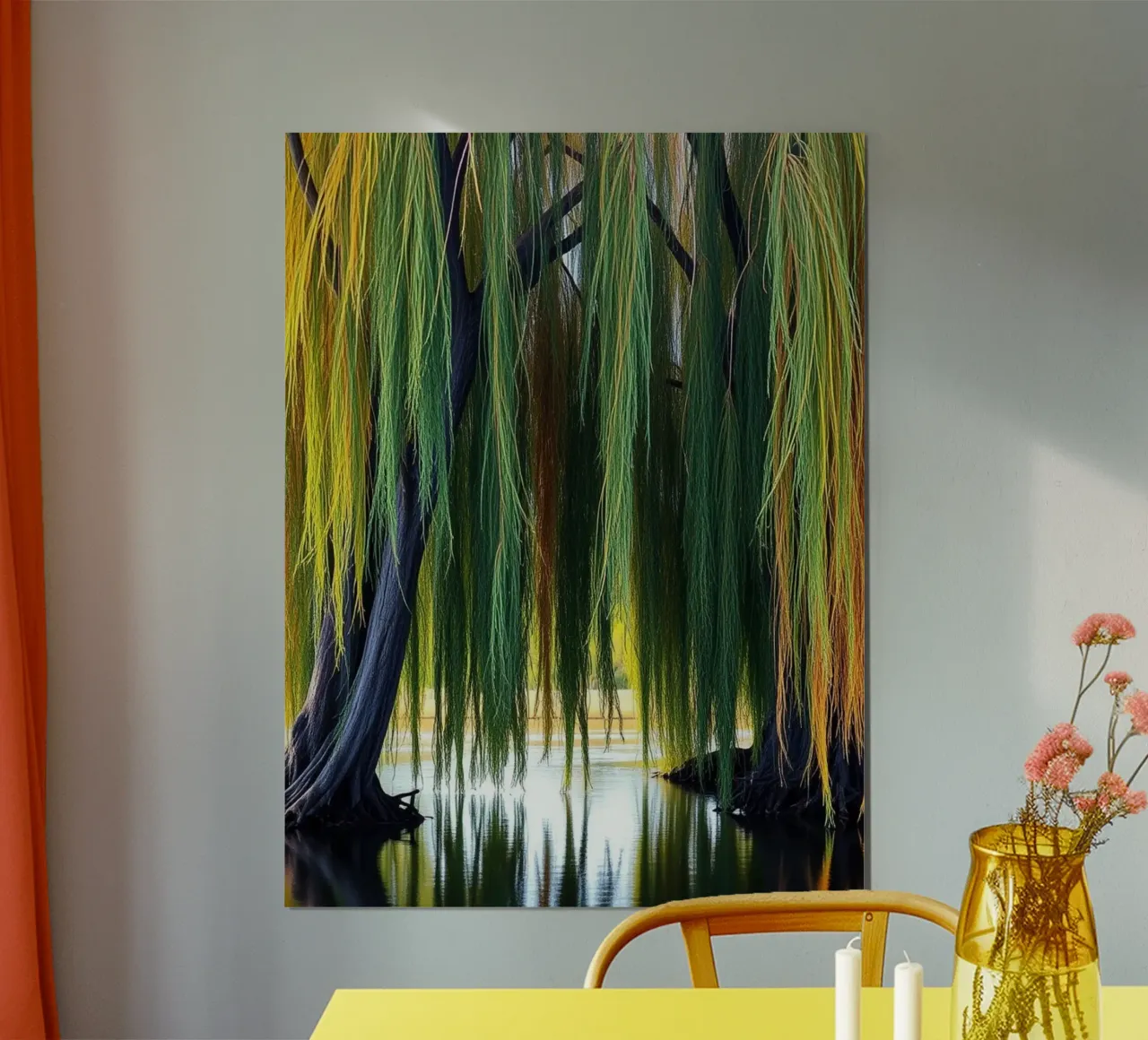 Sussurri del salice: Un sereno arazzo di luce solare e ombra poster con telaio in alluminio da Artistic-shop