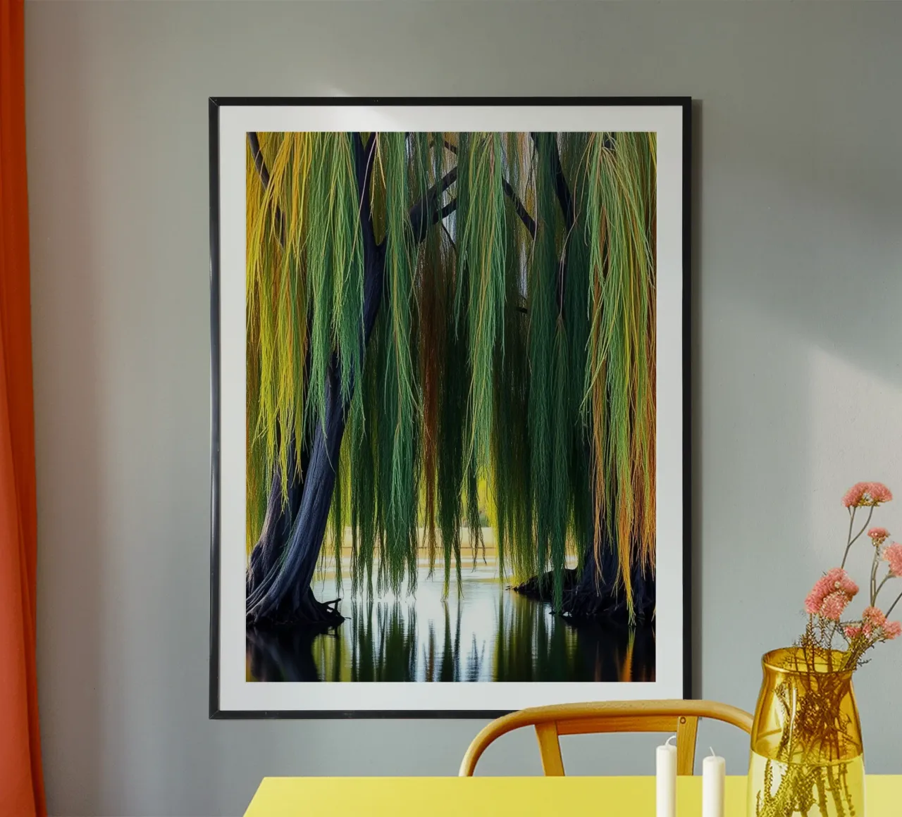Sussurri del salice: Un sereno arazzo di luce solare e ombra poster con telaio in alluminio da Artistic-shop