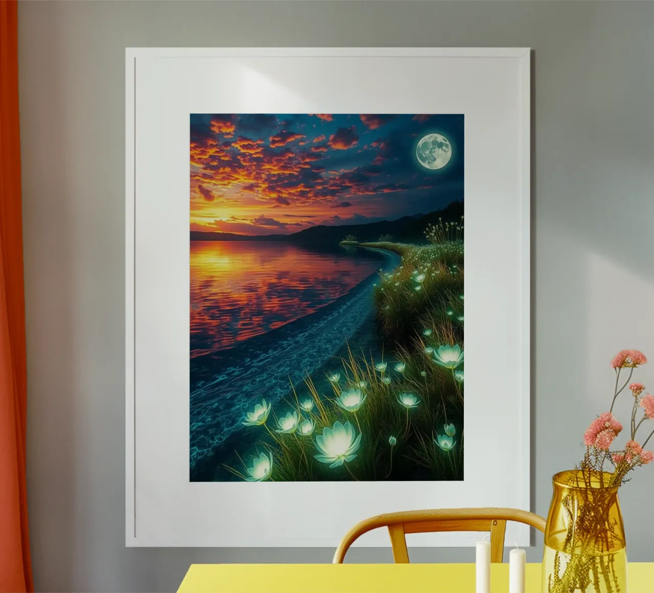 Clair de lune éthéré sur la rive des nénuphars : Un crépuscule serein poster avec cadre en plastique de Artistic-shop