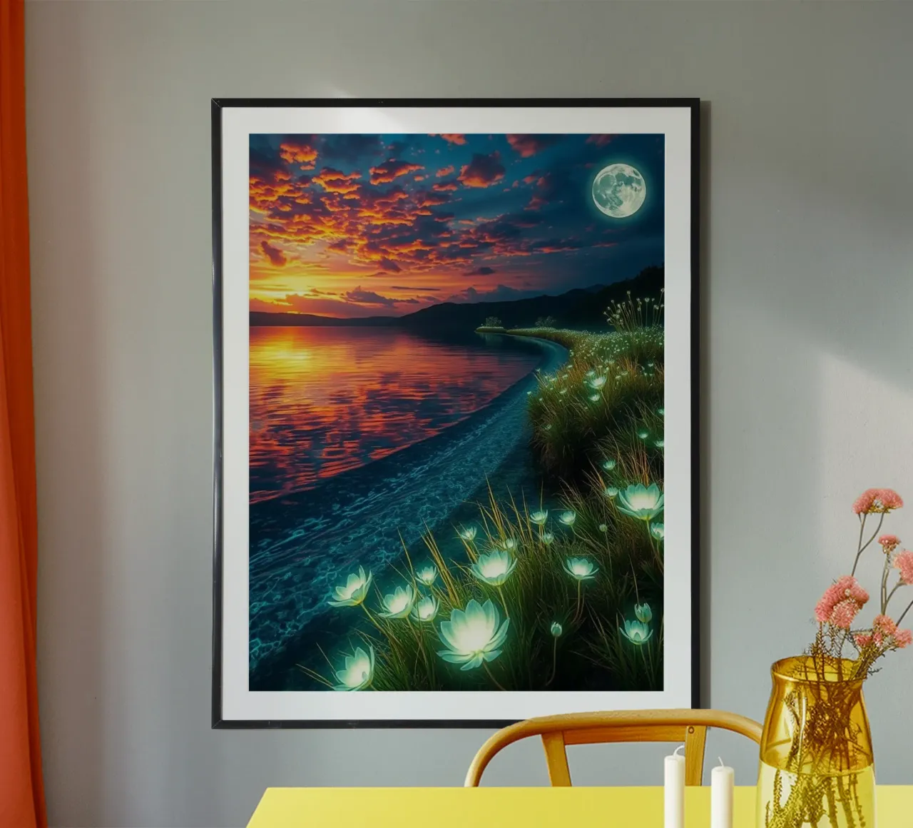 Clair de lune éthéré sur la rive des nénuphars : Un crépuscule serein poster avec cadre en plastique de Artistic-shop
