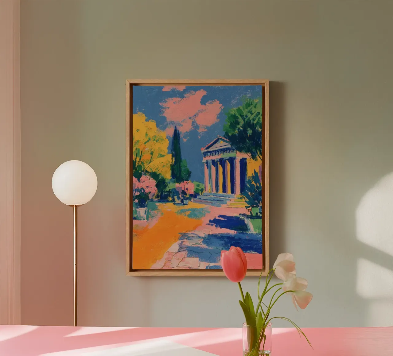Griechischer Tempel Gouache Pastell Leinwand mit Schattenfugenrahmen von Nikis Art Studio