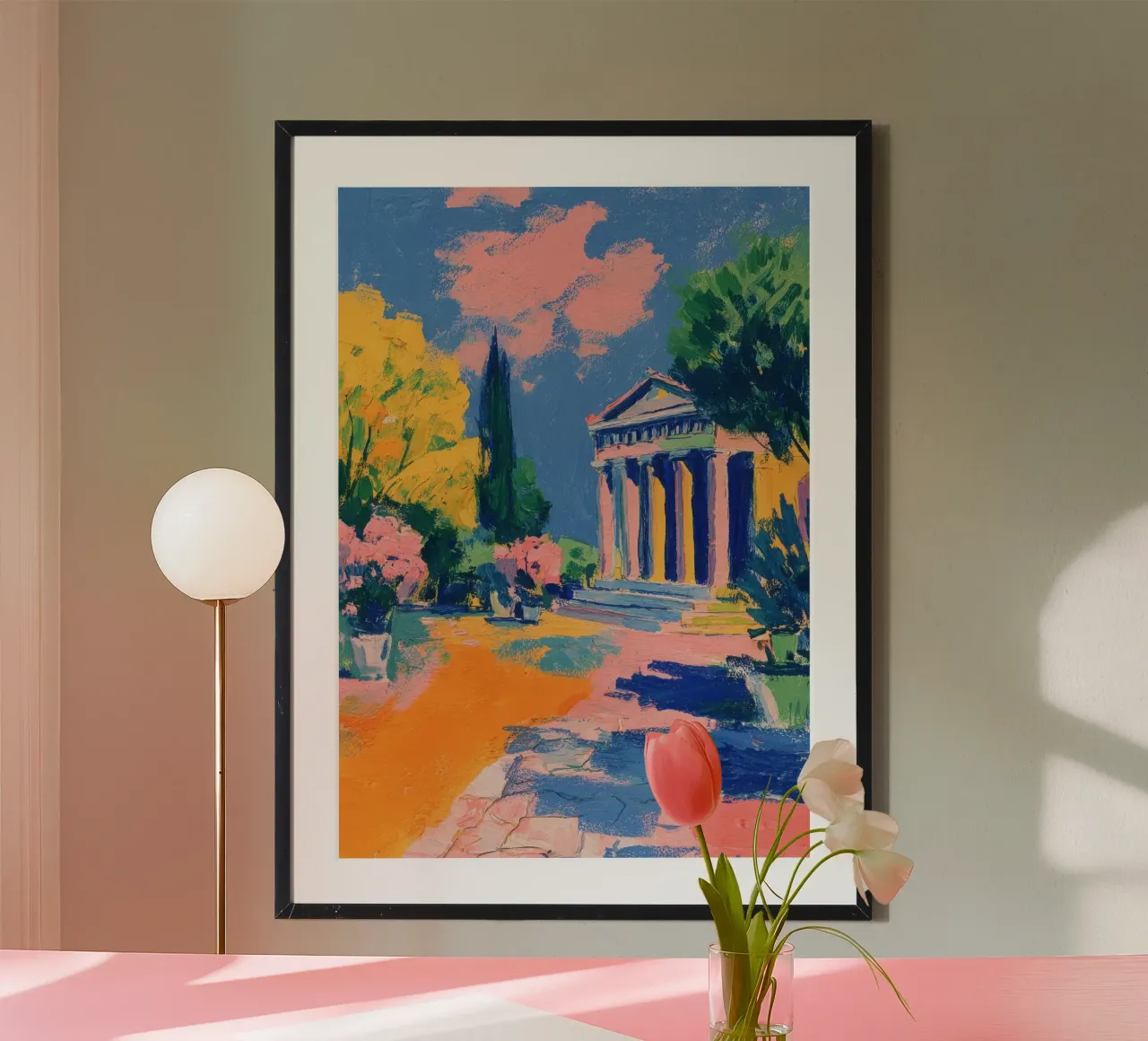 Tempio greco pastello a guazzo poster con telaio in plastica da Nikis Art Studio
