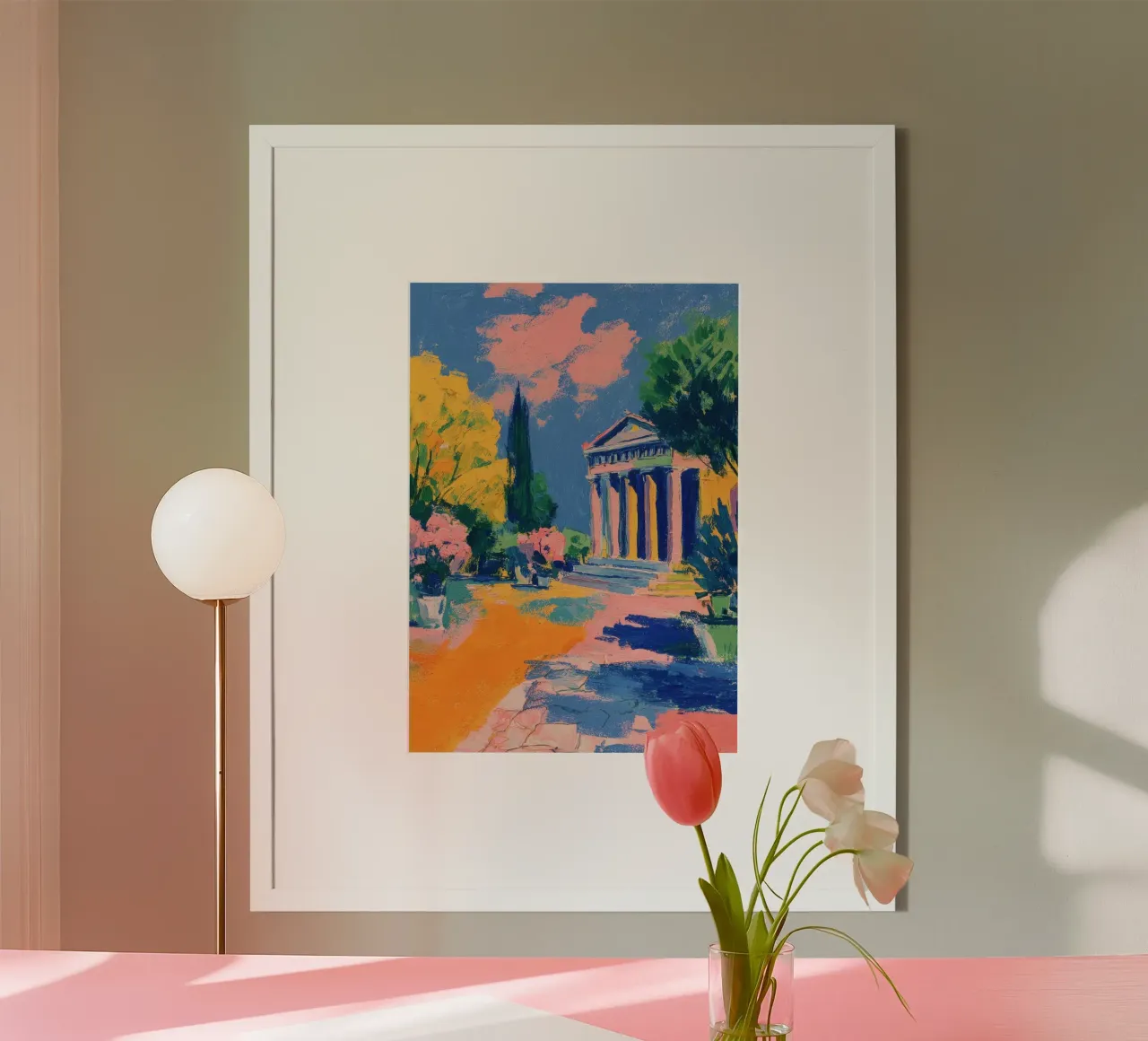Tempio greco pastello a guazzo poster con telaio in plastica da Nikis Art Studio