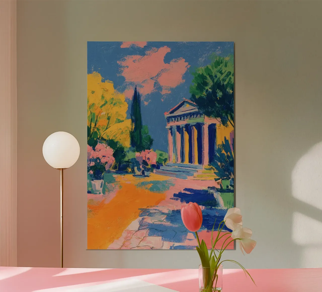 Tempio greco pastello a guazzo poster con telaio in plastica da Nikis Art Studio