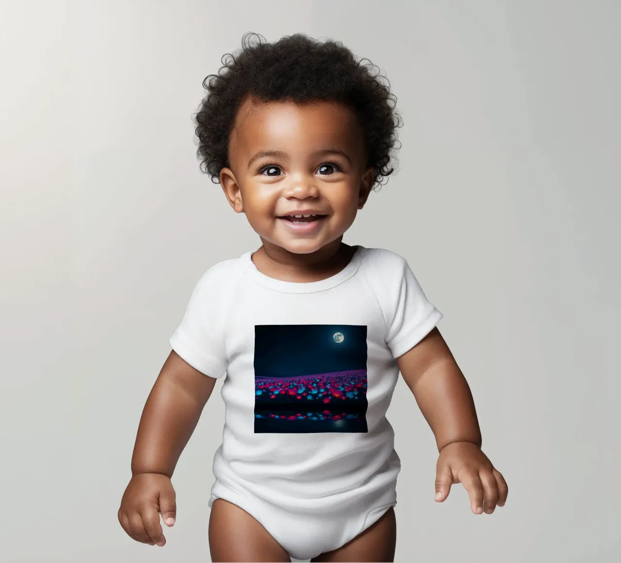 Un champ lumineux de fleurs bioluminescentes sous la pleine lune body bébé de Artistic-shop