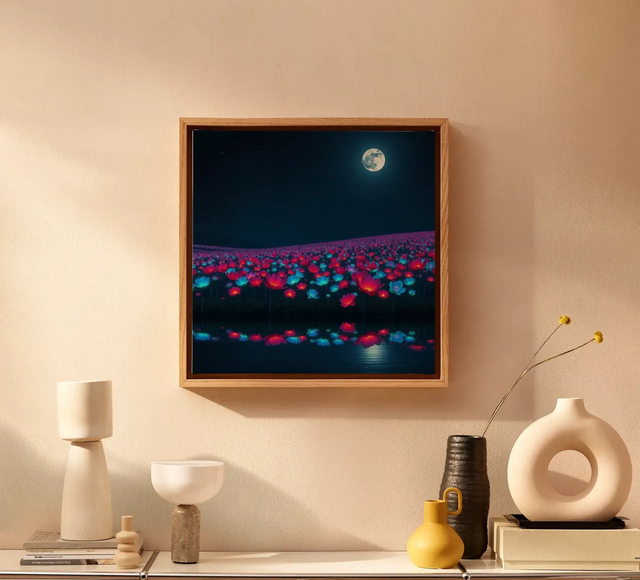 Un champ lumineux de fleurs bioluminescentes sous la pleine lune toile avec Caisse américaine de Artistic-shop