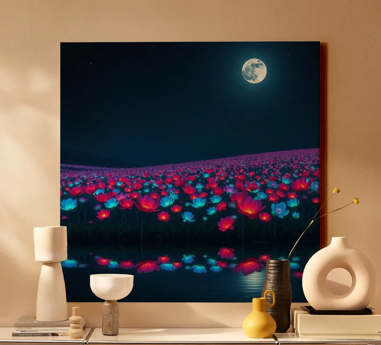 Un champ lumineux de fleurs bioluminescentes sous la pleine lune toile avec Caisse américaine de Artistic-shop