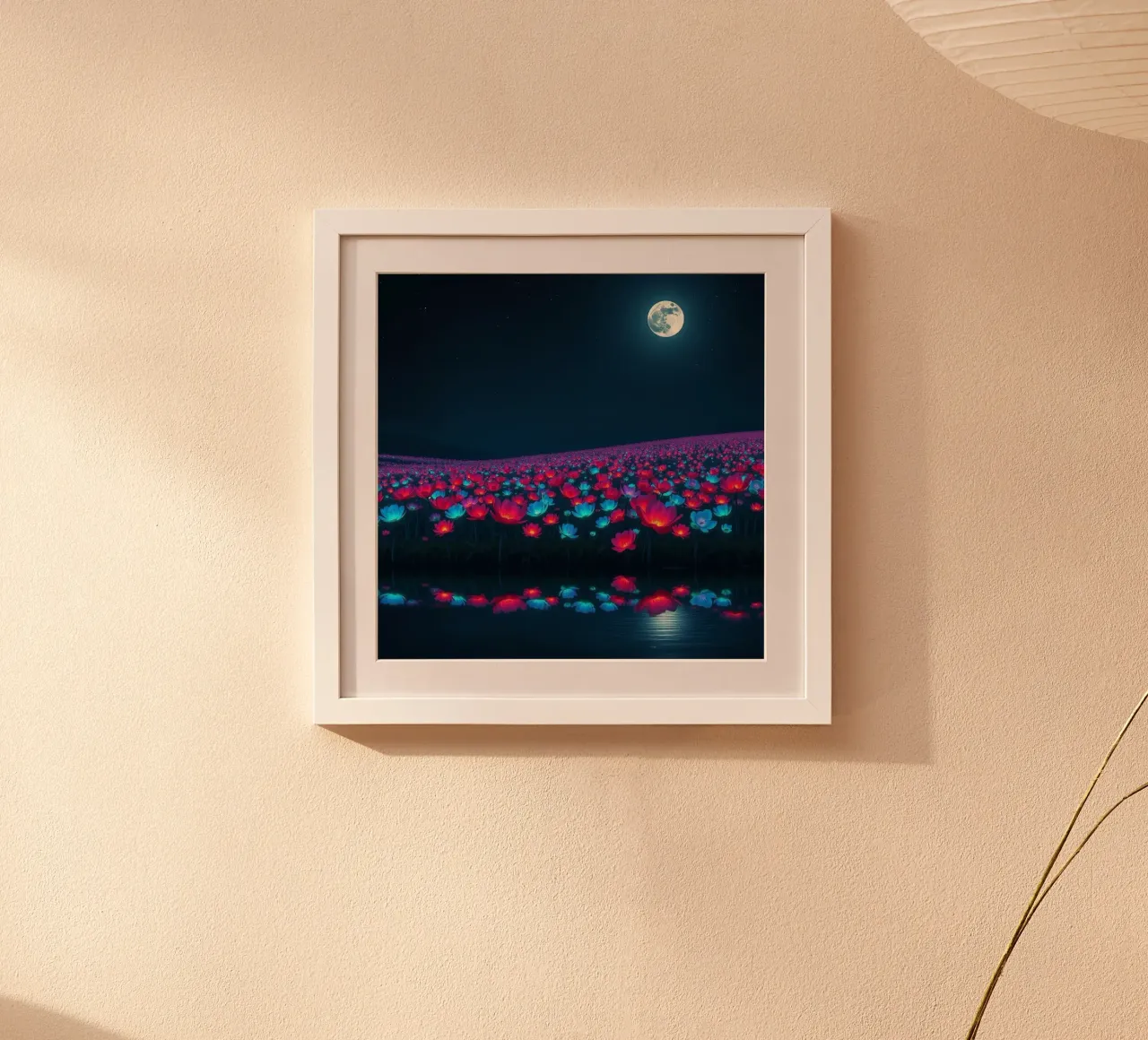 Un campo luminoso di fiori bioluminescenti sotto la luna piena poster con telaio in plastica da Artistic-shop