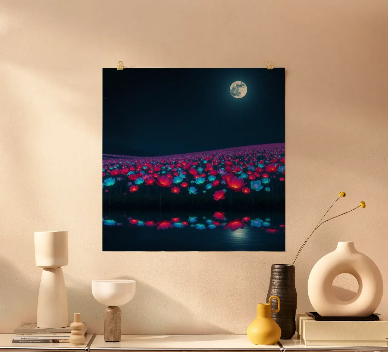 Un campo luminoso di fiori bioluminescenti sotto la luna piena poster con telaio in plastica da Artistic-shop