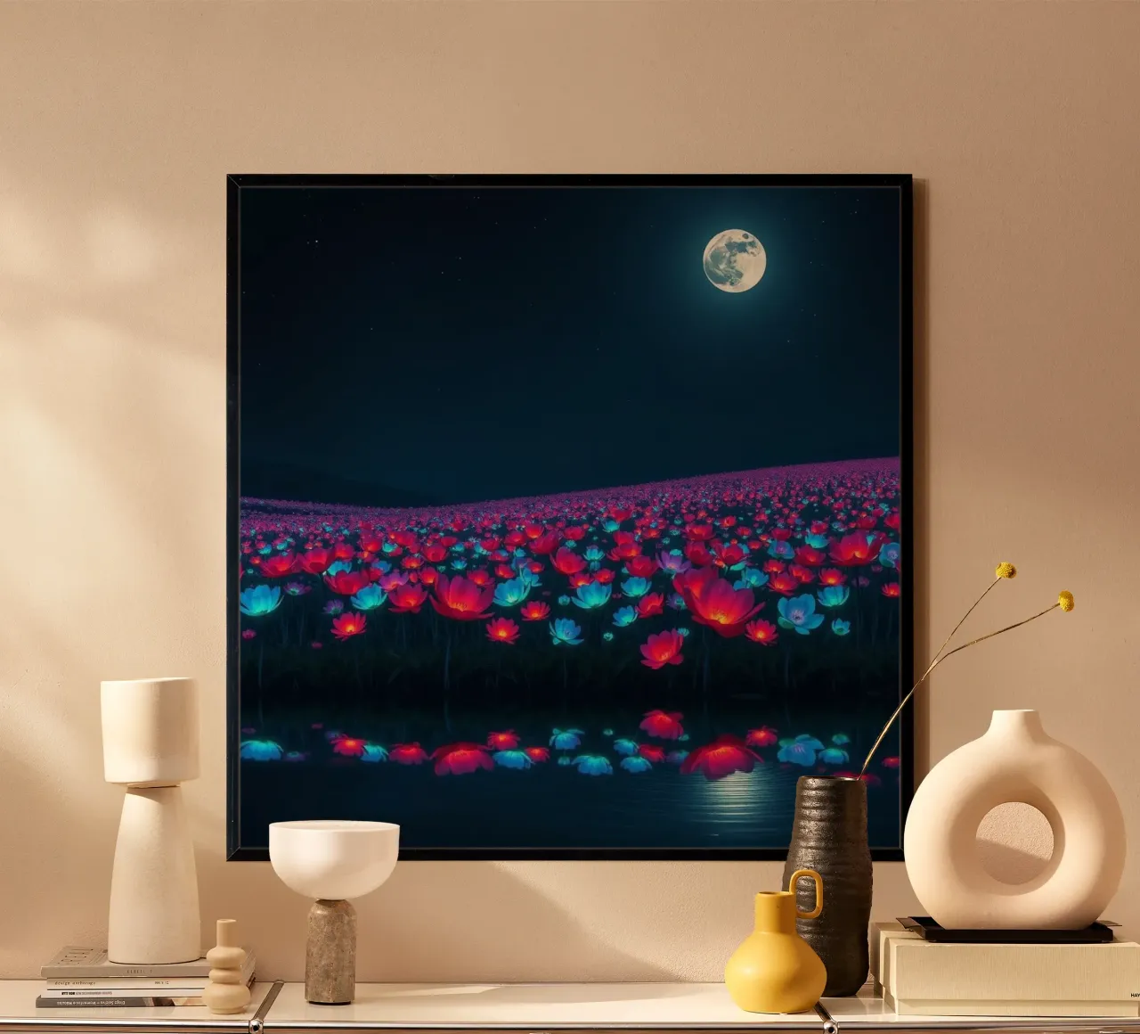 Un campo luminoso di fiori bioluminescenti sotto la luna piena poster con telaio in plastica da Artistic-shop