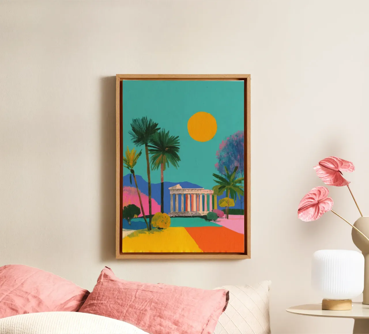 Griekse Tempel Plakkaatverf Minimal canvas met Baklijst van Nikis Art Studio