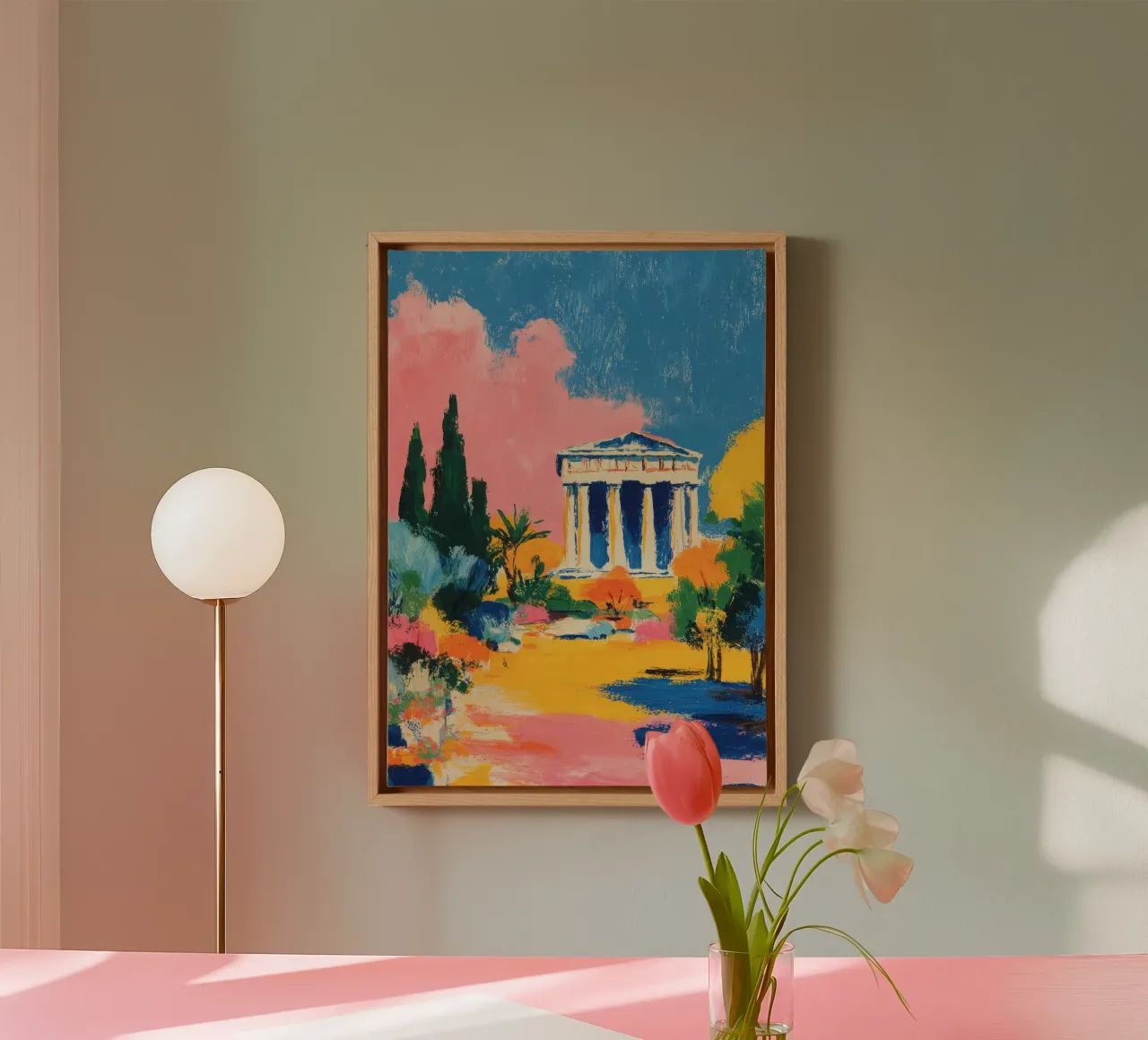 Parthenon zeefdruk pastel canvas met Baklijst van Nikis Art Studio