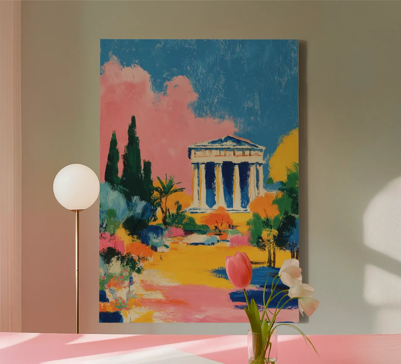 Parthenon zeefdruk pastel canvas met Baklijst van Nikis Art Studio