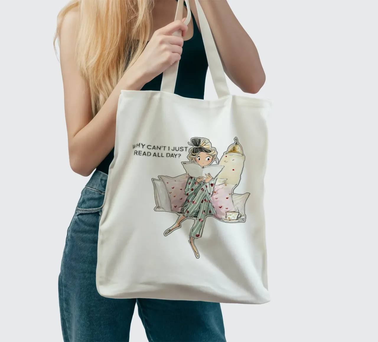 "Why can't I just read all day? borsa in juta da Hola Bella