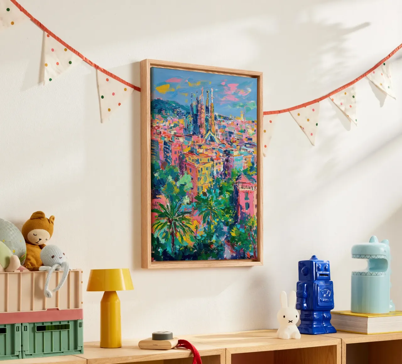 Pittura ad olio dello skyline di Barcellona tela con Cornice a cassetta da Nikis Art Studio