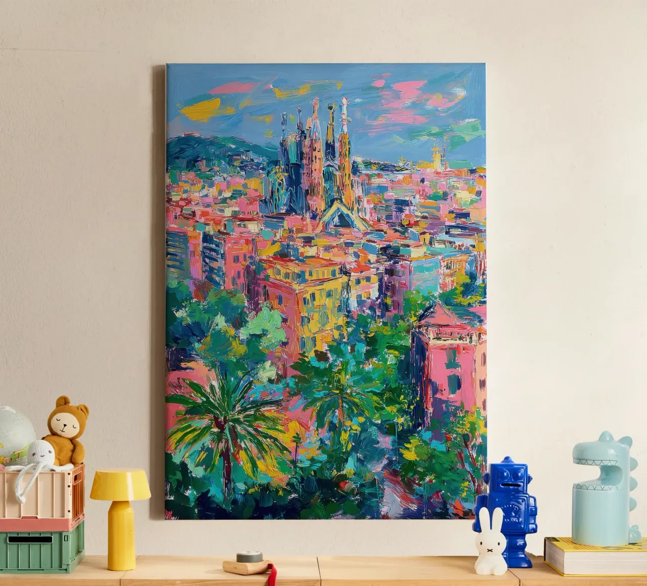 Pittura ad olio dello skyline di Barcellona tela con Cornice a cassetta da Nikis Art Studio