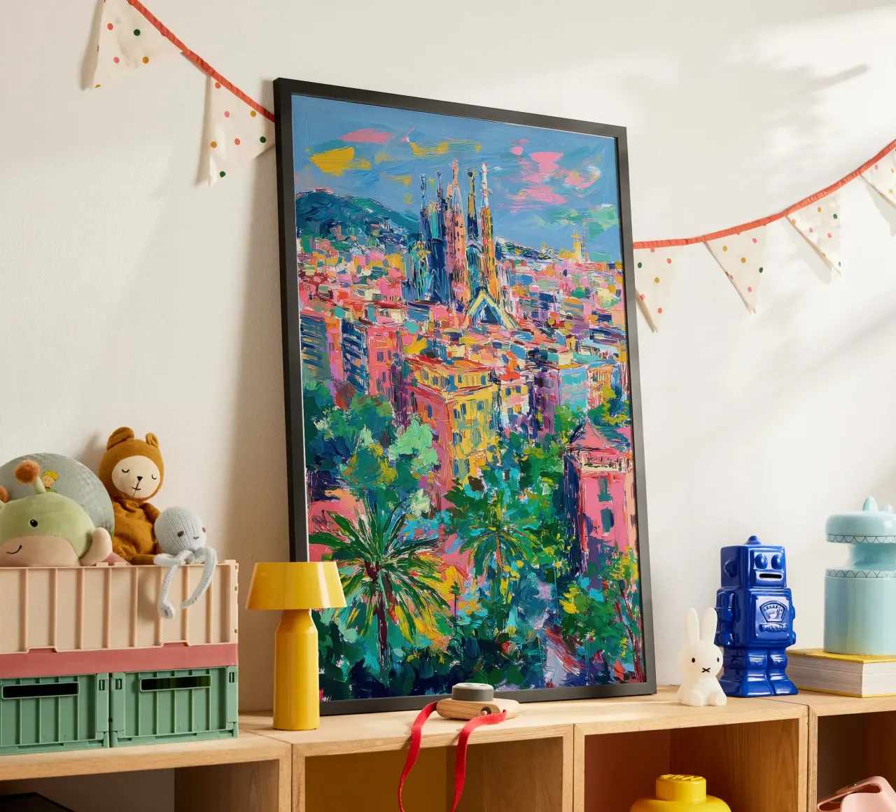 Pittura ad olio dello skyline di Barcellona poster da Nikis Art Studio