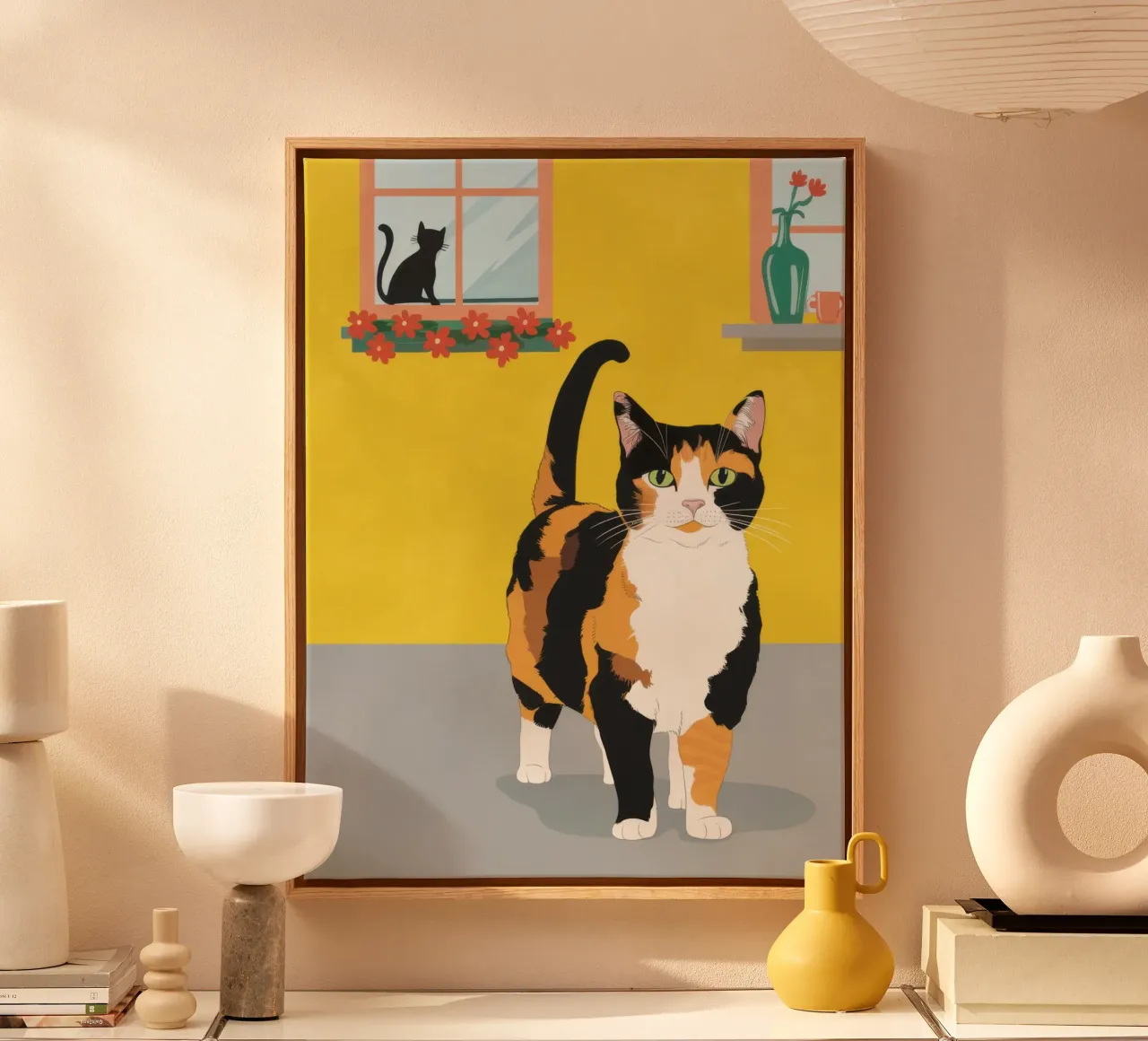 Calico kat houding canvas met Baklijst van Frame Aura