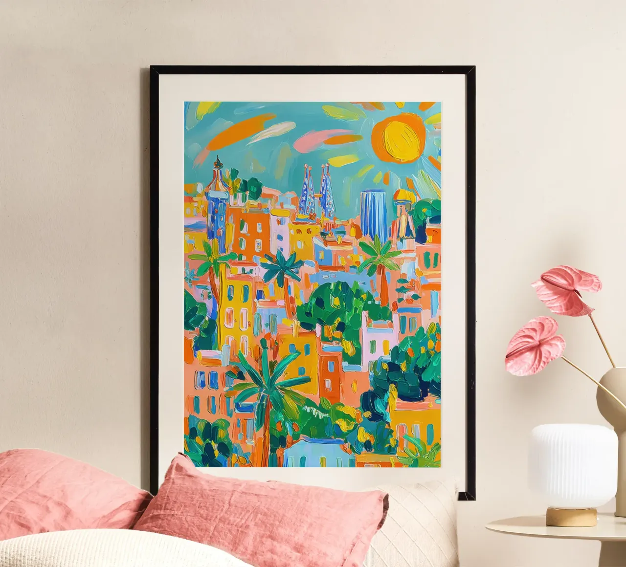 Barcellona Colori in stile Matisse poster con telaio in legno da ArtByNiki