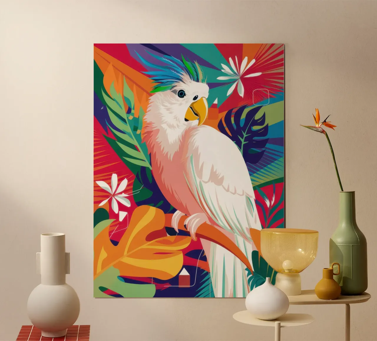 Cacatua Crimson Jungle poster con telaio in legno da Sure Paint