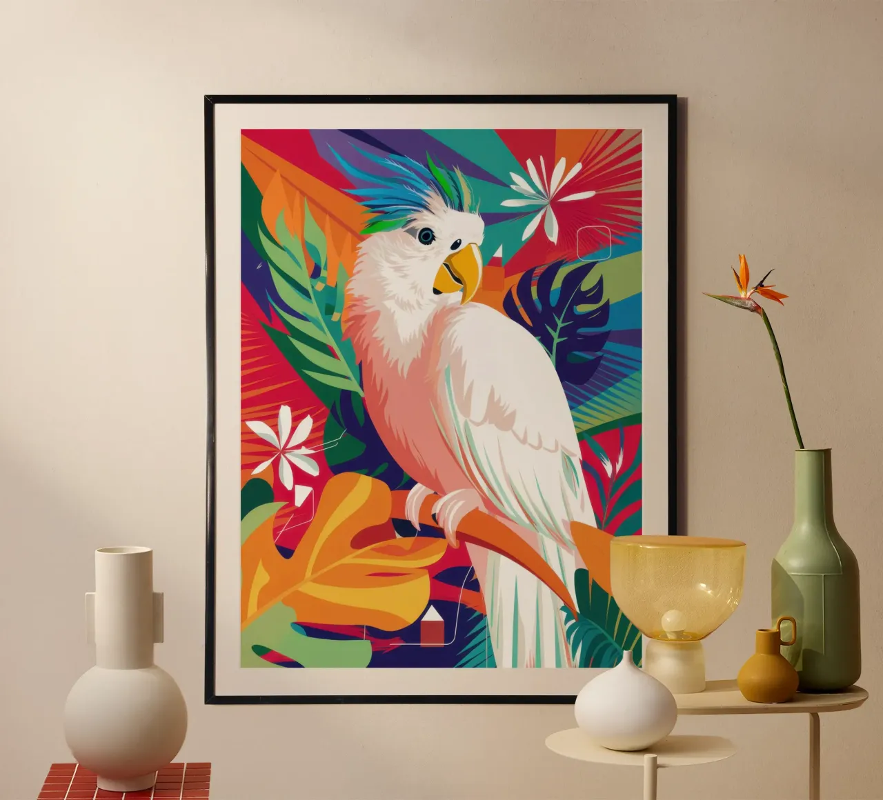 Cacatua Crimson Jungle poster con telaio in legno da Sure Paint