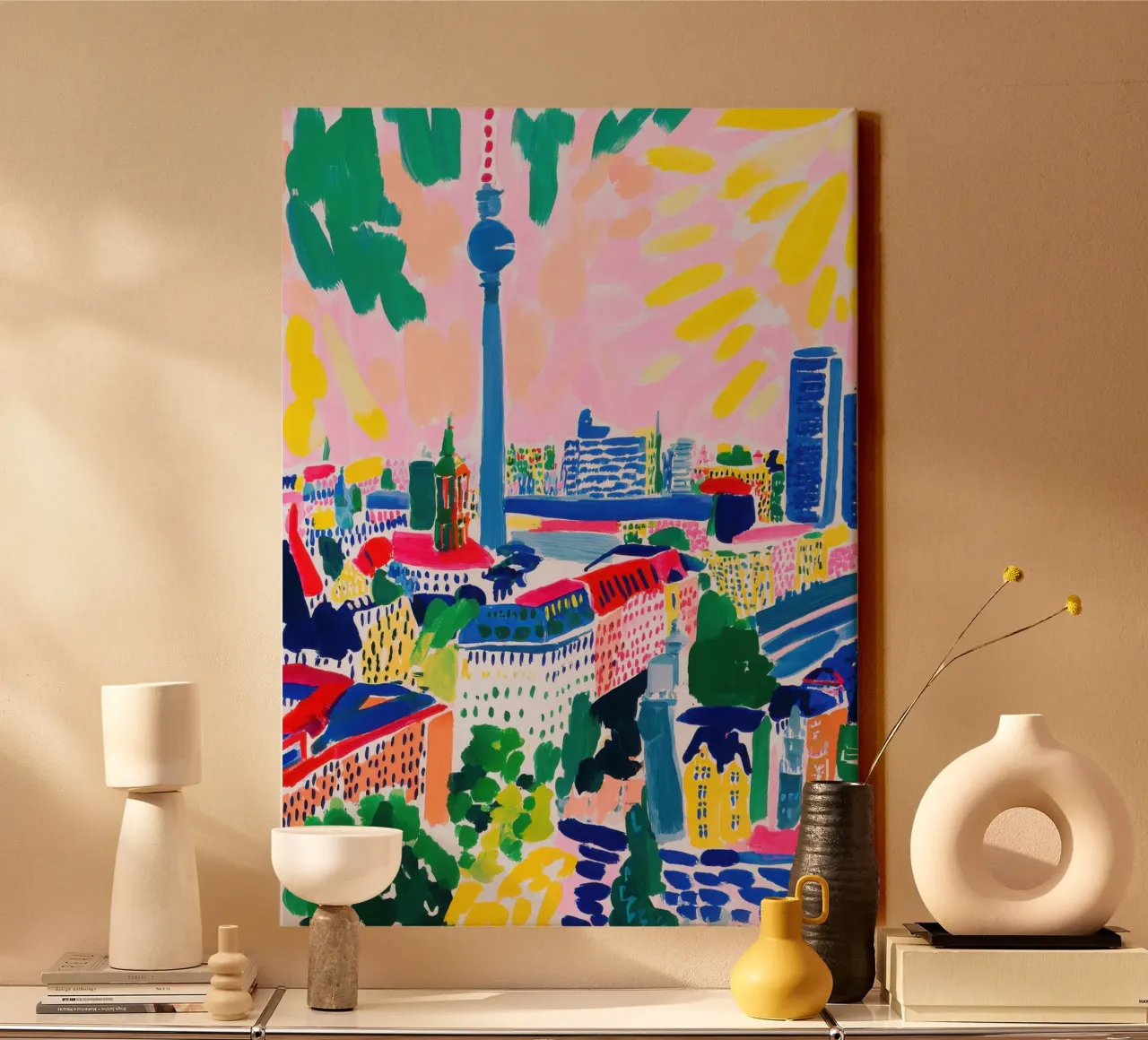Skyline di Berlino Gouache Stile Matisse tela con Cornice a cassetta da Nikis Art Studio