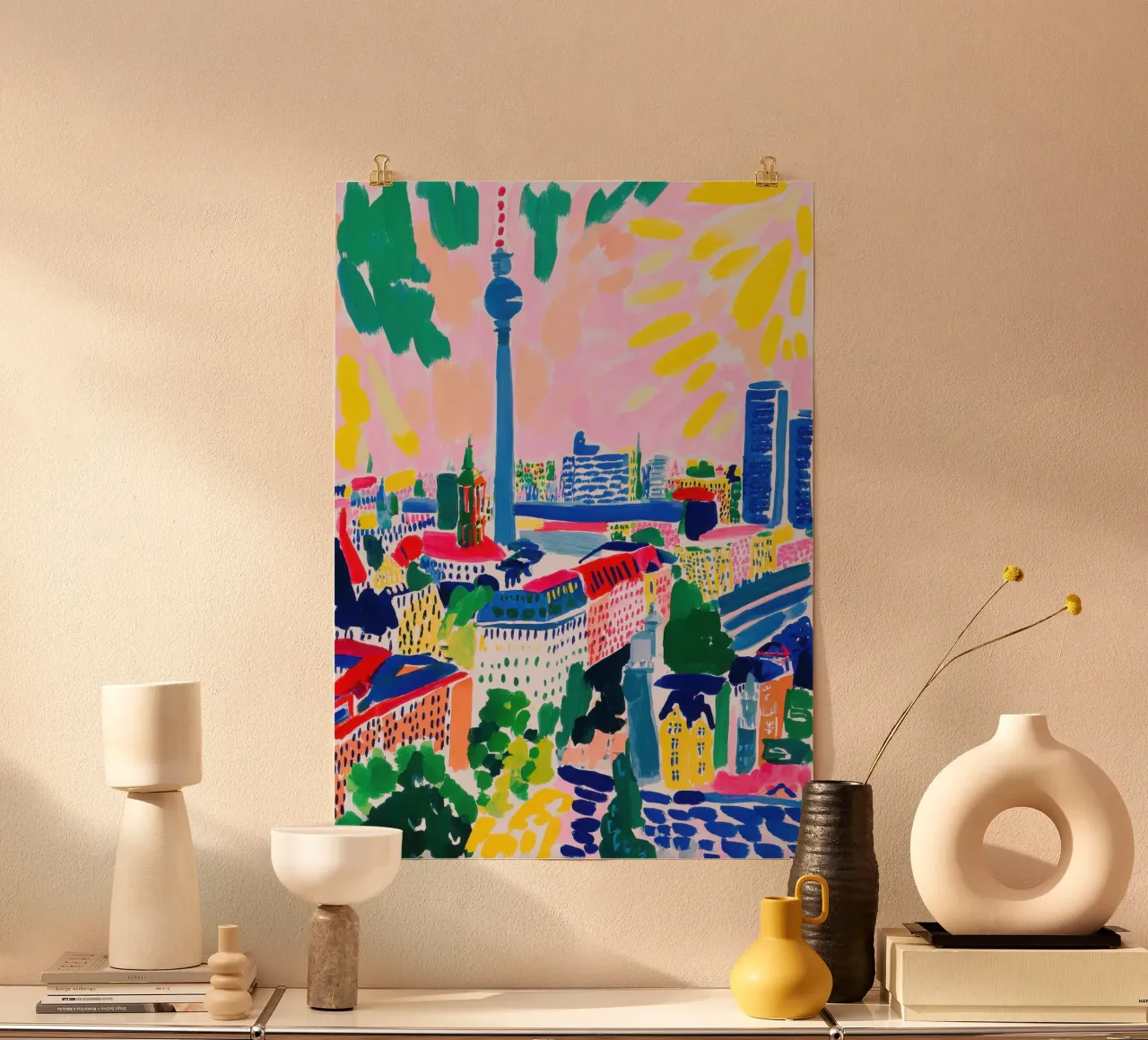 Skyline di Berlino Gouache Stile Matisse poster con telaio in legno da Nikis Art Studio