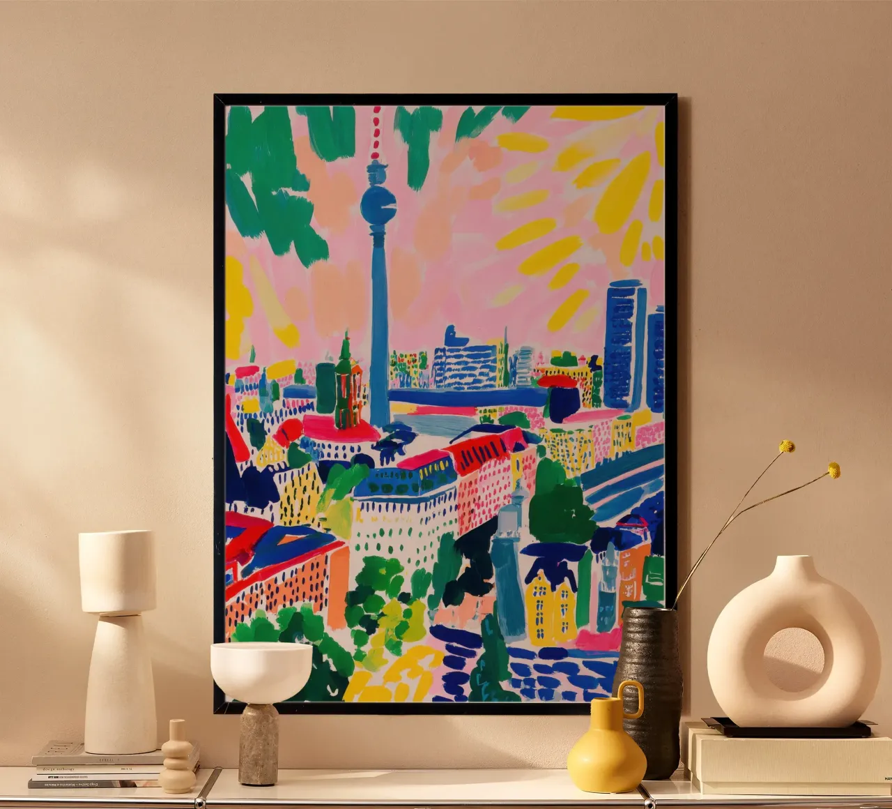Skyline di Berlino Gouache Stile Matisse poster con telaio in legno da Nikis Art Studio