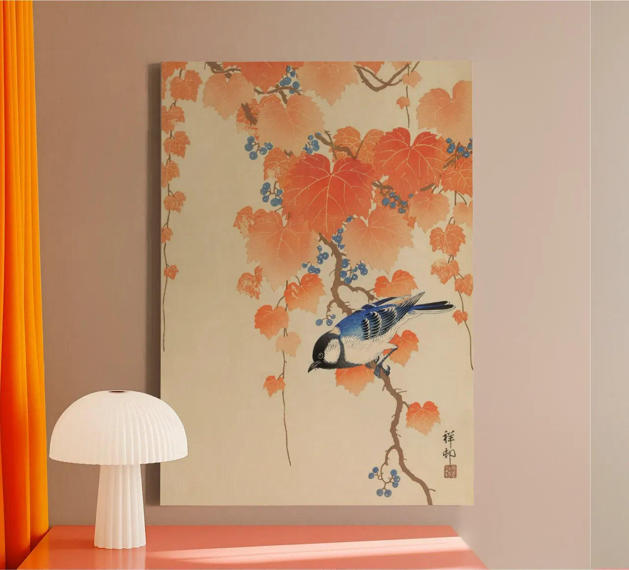 Ohara Koson - Koolmees op Paulownia tak canvas met Baklijst van Retrorise