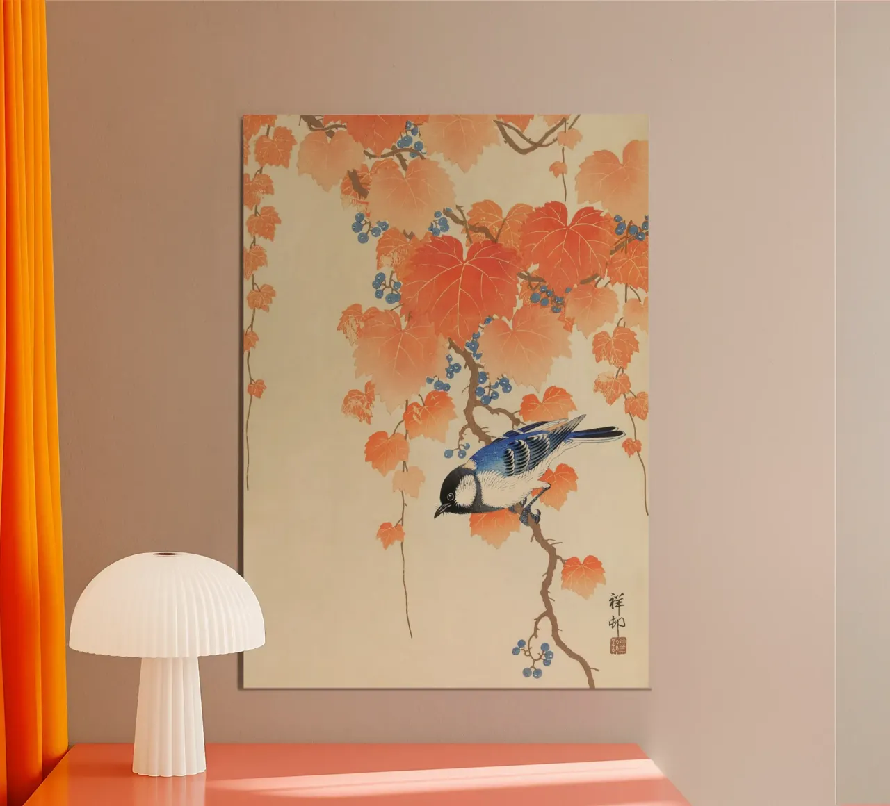 Ohara Koson - Cinciallegra sul ramo di Paulownia poster con telaio in legno da Retrorise