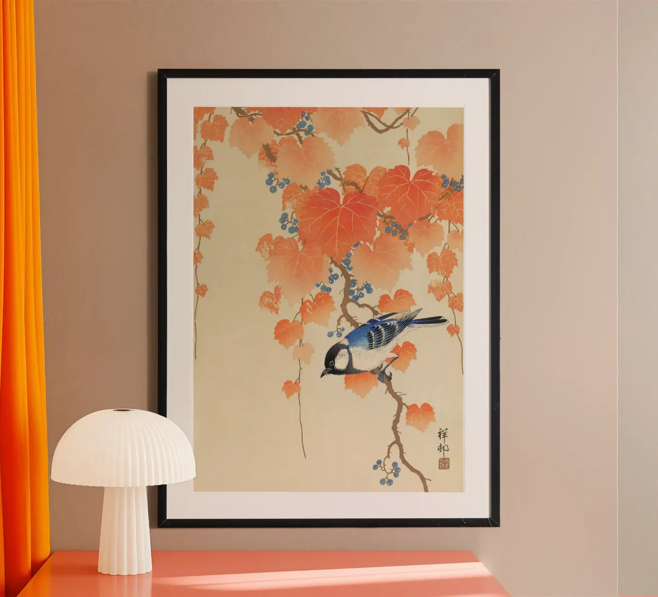 Ohara Koson - Cinciallegra sul ramo di Paulownia poster con telaio in legno da Retrorise