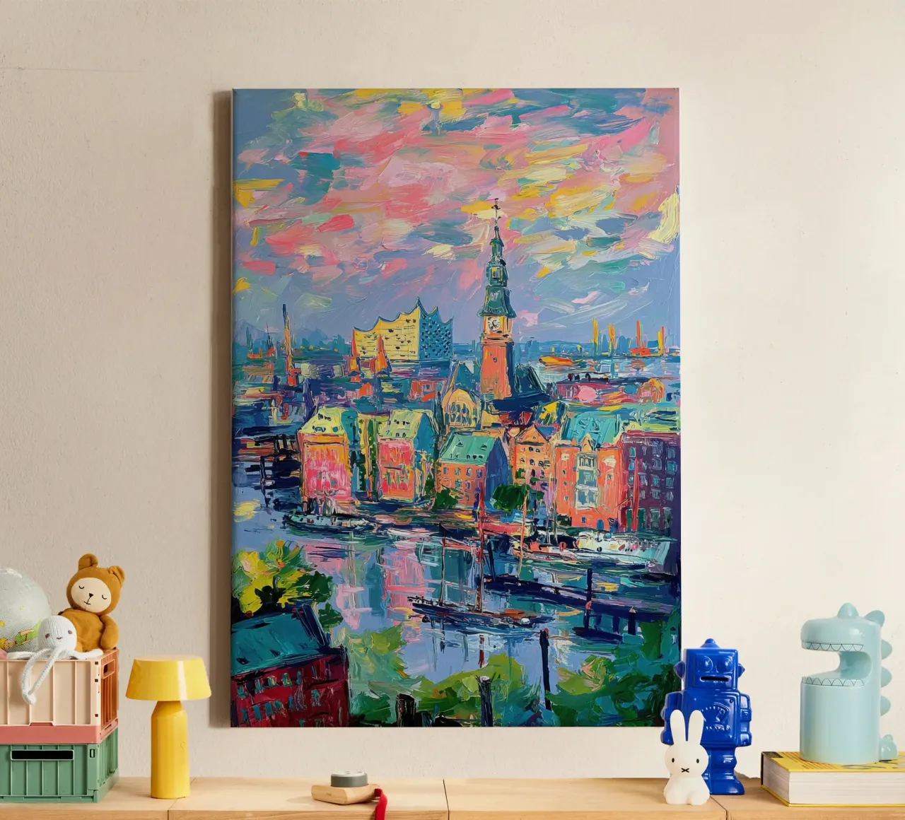 Amburgo Skyline Pittura ad olio tela con Cornice a cassetta da Nikis Art Studio