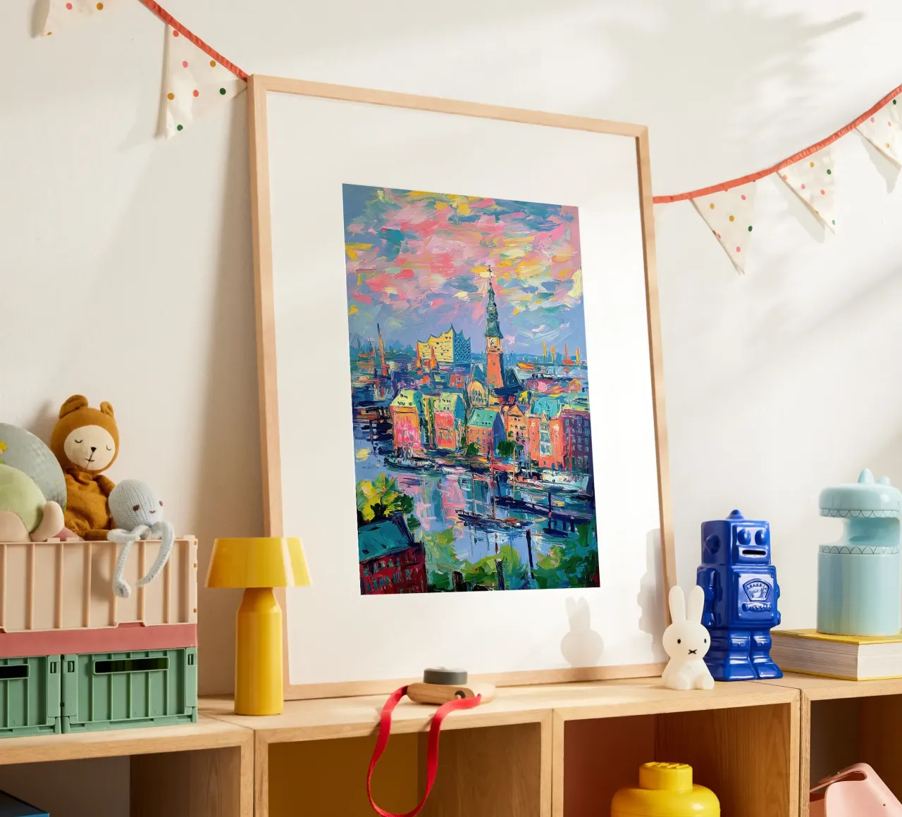 Amburgo Skyline Pittura ad olio poster con telaio in legno da Nikis Art Studio