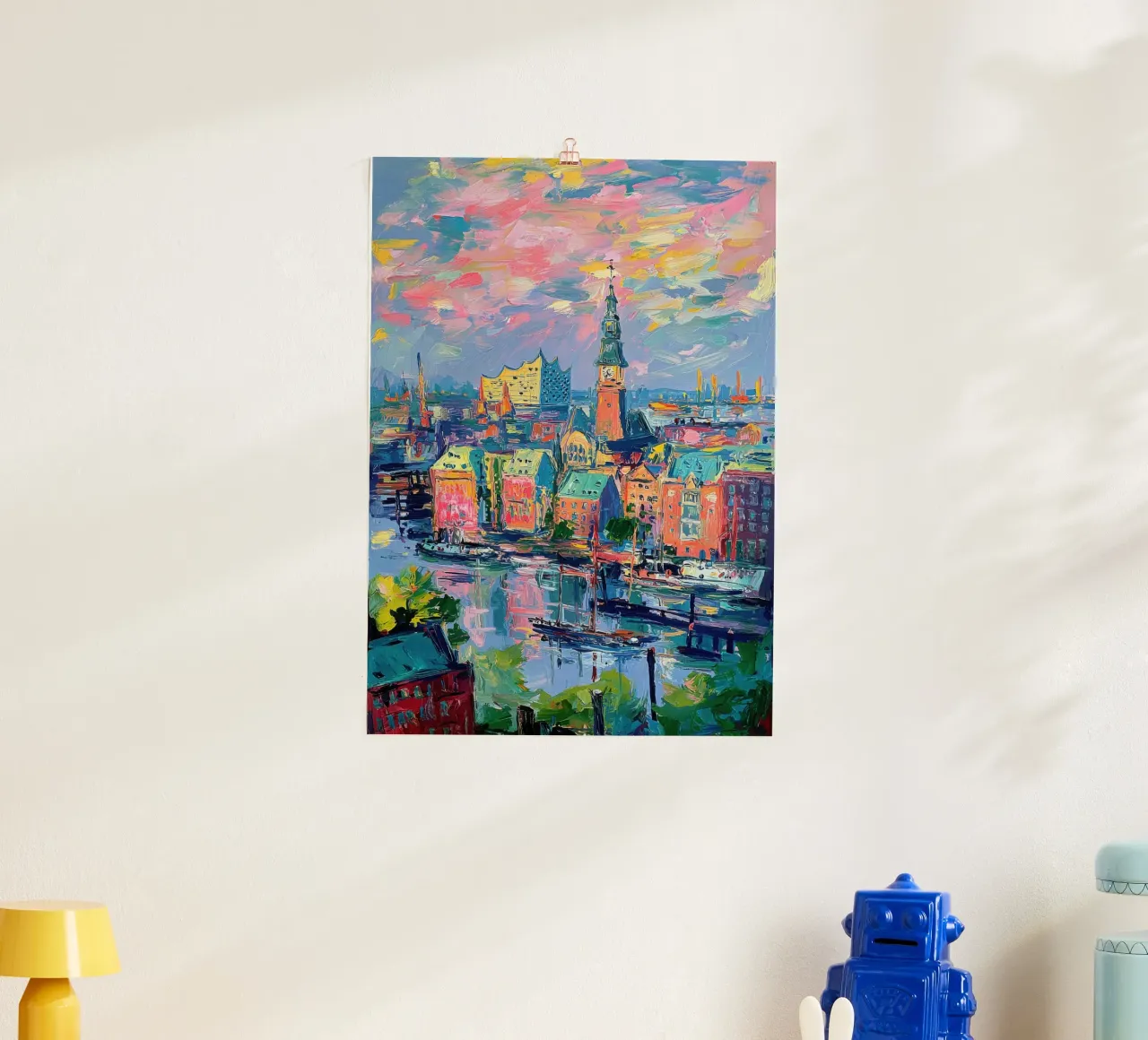 Amburgo Skyline Pittura ad olio poster con telaio in legno da Nikis Art Studio
