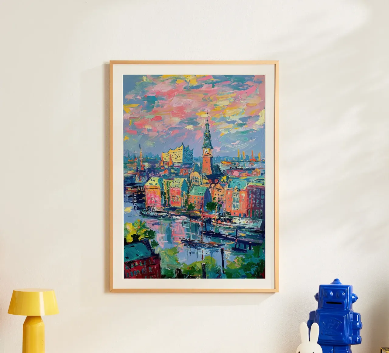 Amburgo Skyline Pittura ad olio poster con telaio in legno da Nikis Art Studio