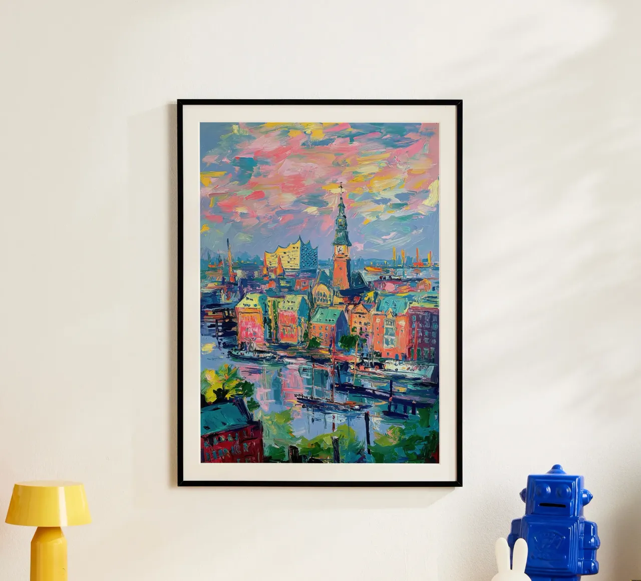 Amburgo Skyline Pittura ad olio poster con telaio in legno da Nikis Art Studio