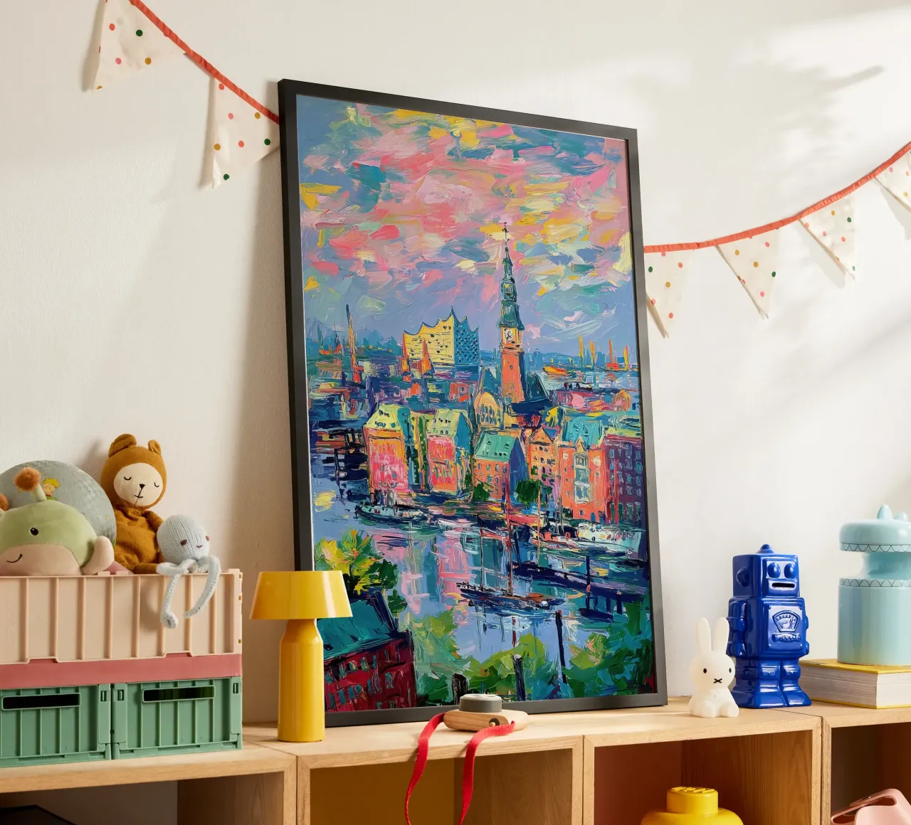 Amburgo Skyline Pittura ad olio poster con telaio in legno da Nikis Art Studio