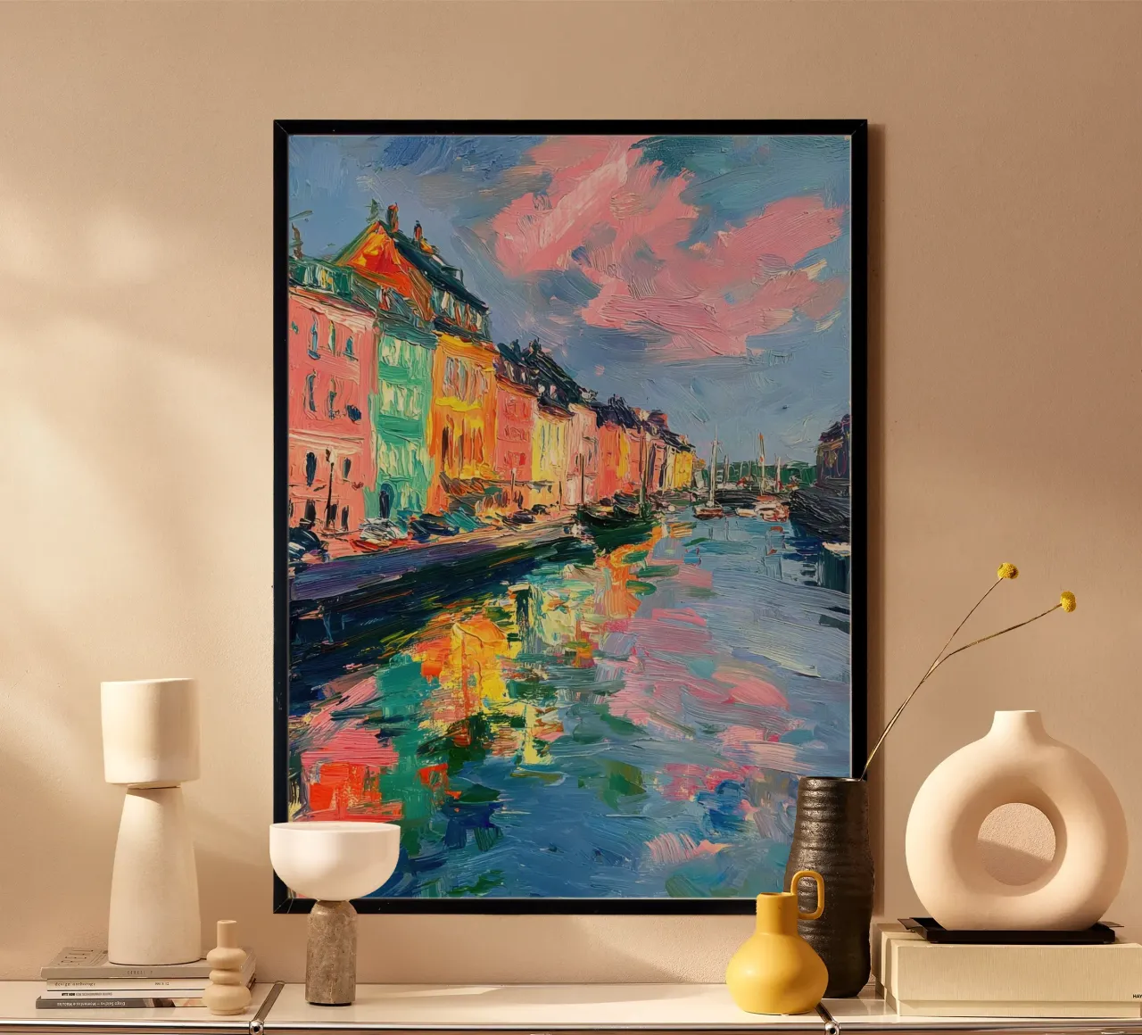 Copenaghen Olio Astratto poster con telaio in legno da Nikis Art Studio