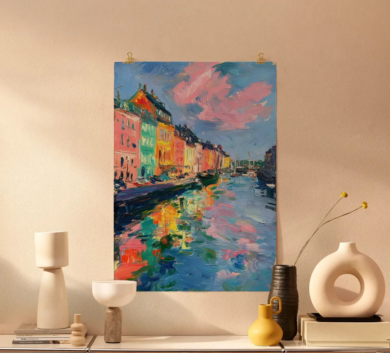 Copenaghen Olio Astratto poster con telaio in legno da Nikis Art Studio