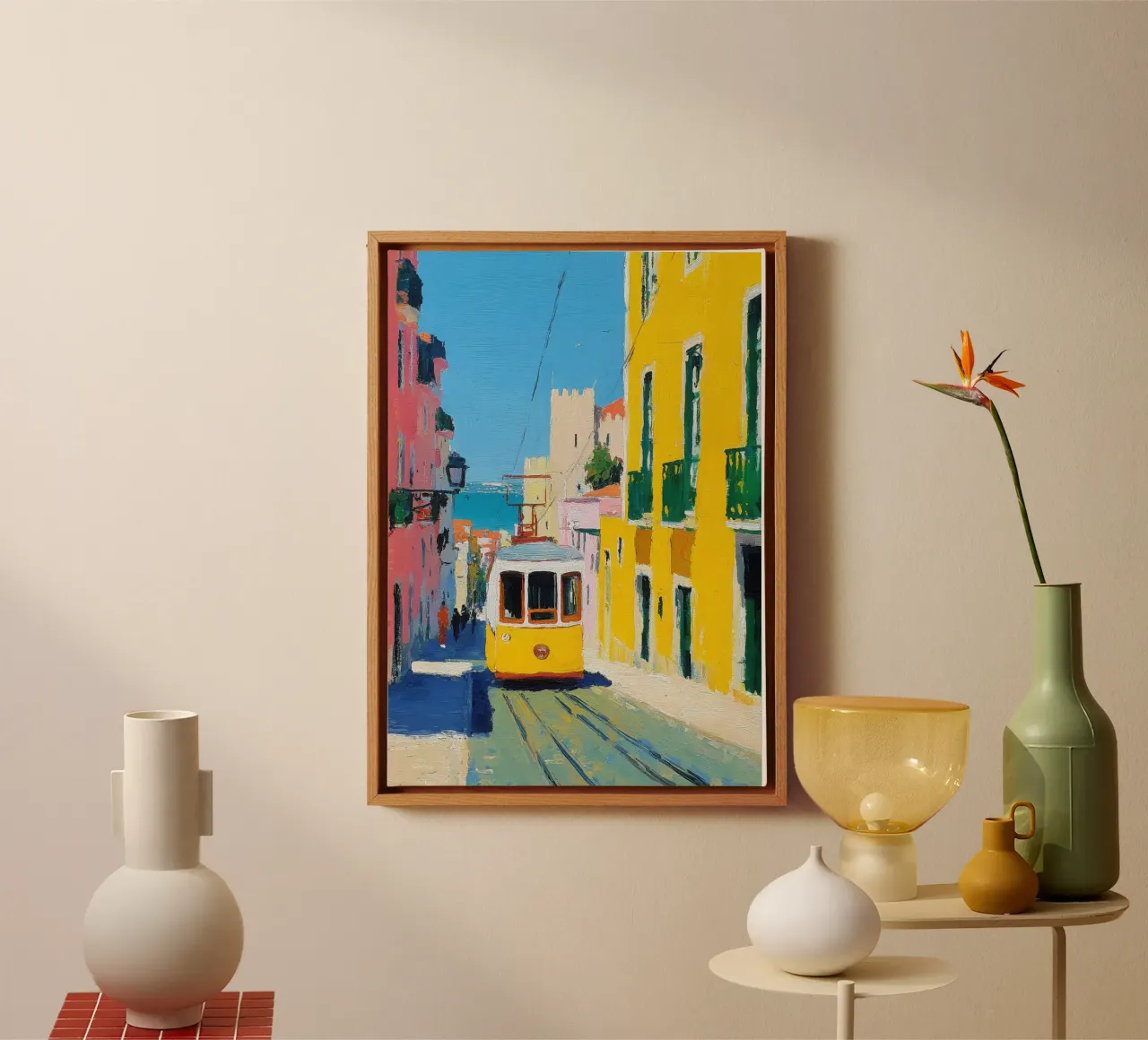 Aceite para el tranvía amarillo de Lisboa lienzo con Marco flotante de Nikis Art Studio