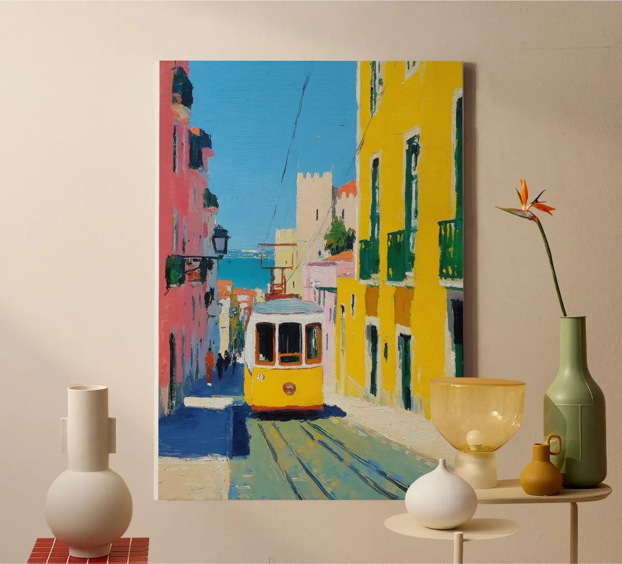 Aceite para el tranvía amarillo de Lisboa lienzo con Marco flotante de Nikis Art Studio