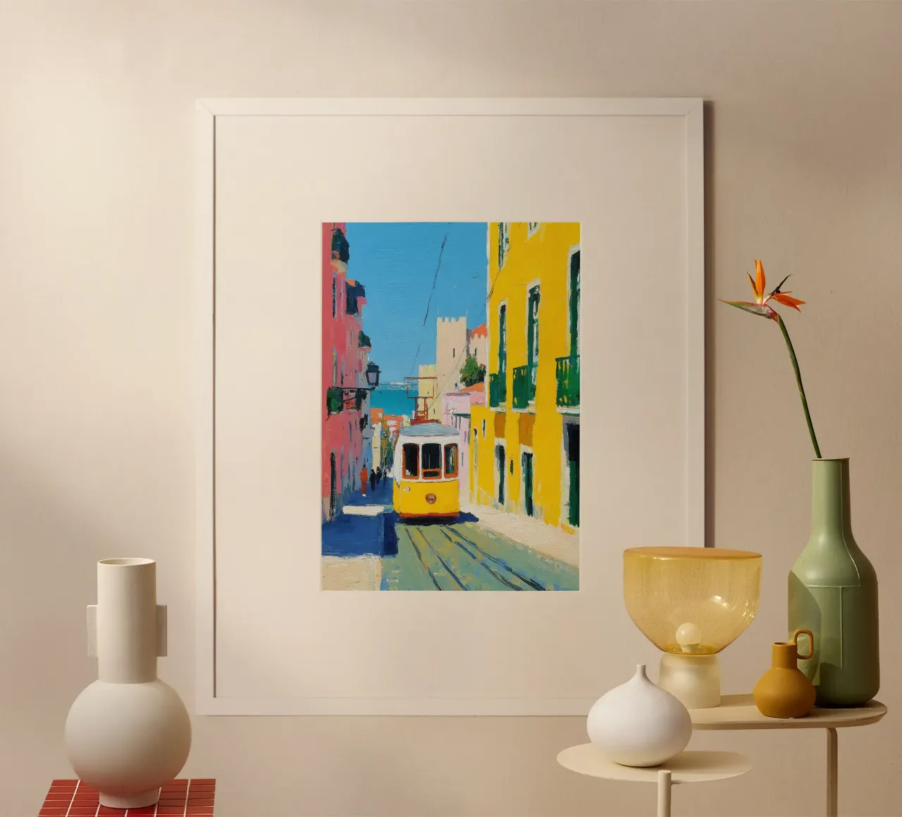 Olio del tram giallo di Lisbona poster con telaio in alluminio da Nikis Art Studio