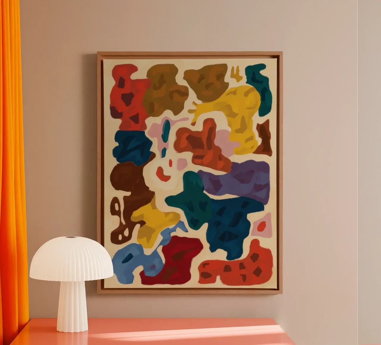 Aards abstract wandtapijt canvas met Baklijst van Lumen Glow