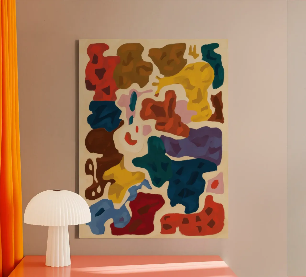 Aards abstract wandtapijt canvas met Baklijst van Lumen Glow