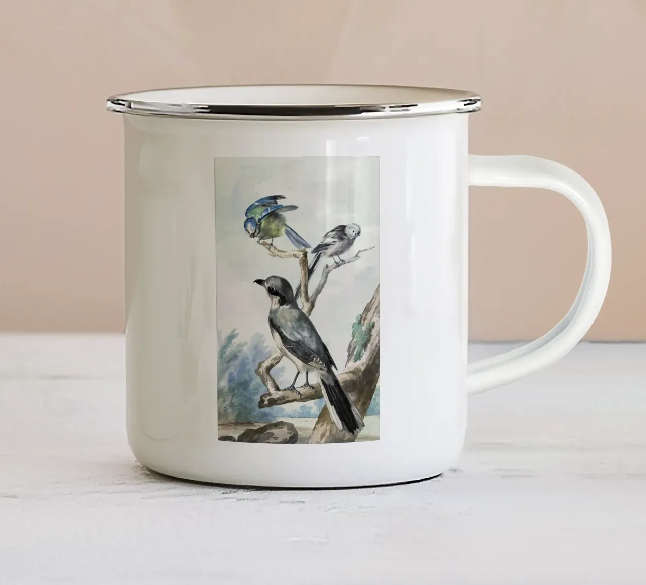 Three birds: a Long-tailed Tit, a Blue Tit and a Great Gray tazza in smalto da vintageshop