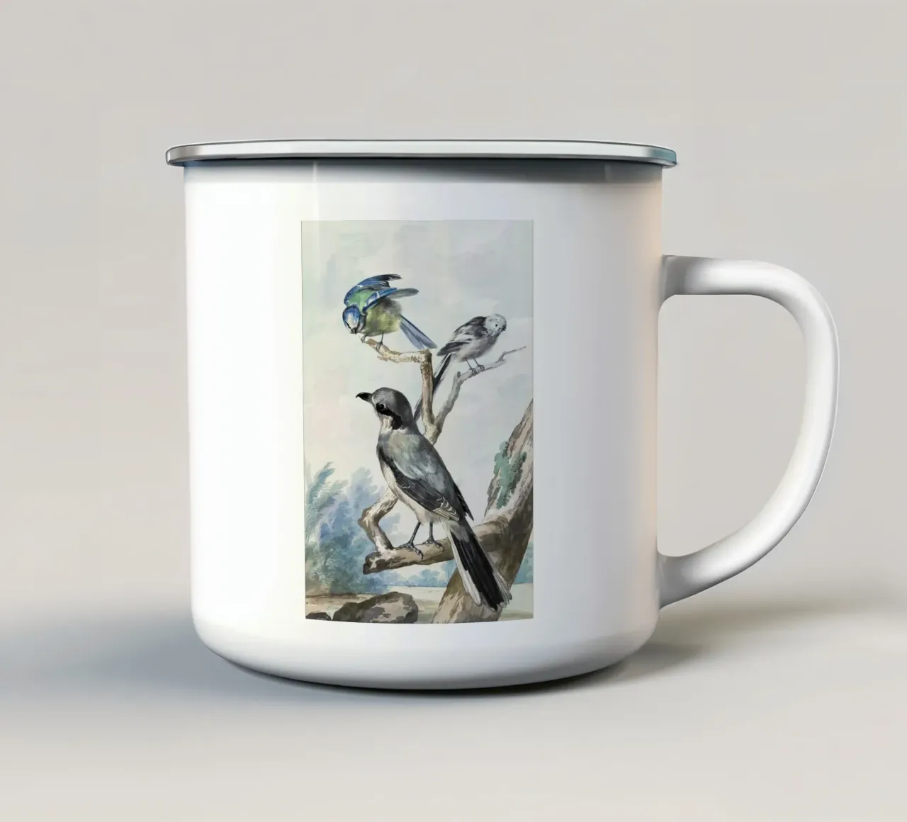 Three birds: a Long-tailed Tit, a Blue Tit and a Great Gray tazza in smalto da vintageshop