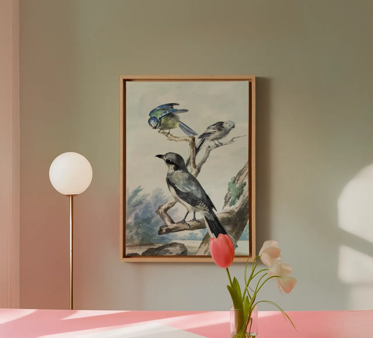 Three birds: a Long-tailed Tit, a Blue Tit and a Great Gray canvas with Floater frame by vintageshop