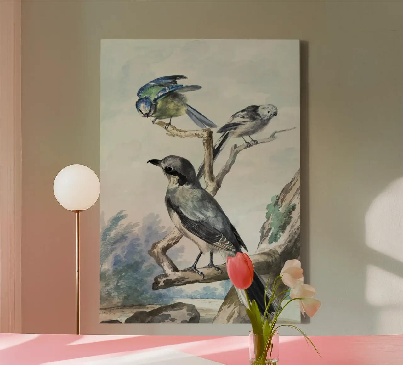 Three birds: a Long-tailed Tit, a Blue Tit and a Great Gray canvas with Floater frame by vintageshop