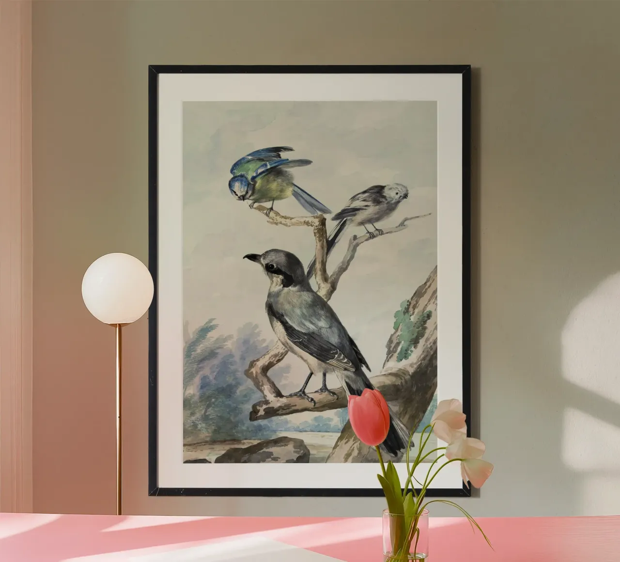 Three birds: a Long-tailed Tit, a Blue Tit and a Great Gray poster con telaio in plastica da vintageshop