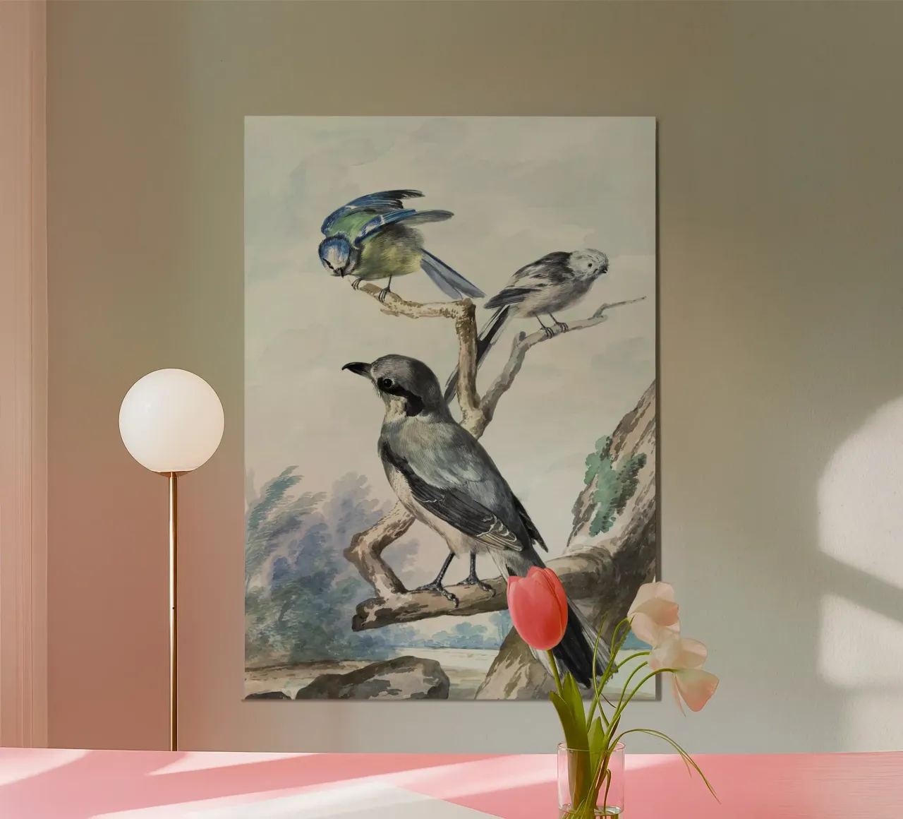 Three birds: a Long-tailed Tit, a Blue Tit and a Great Gray poster con telaio in plastica da vintageshop